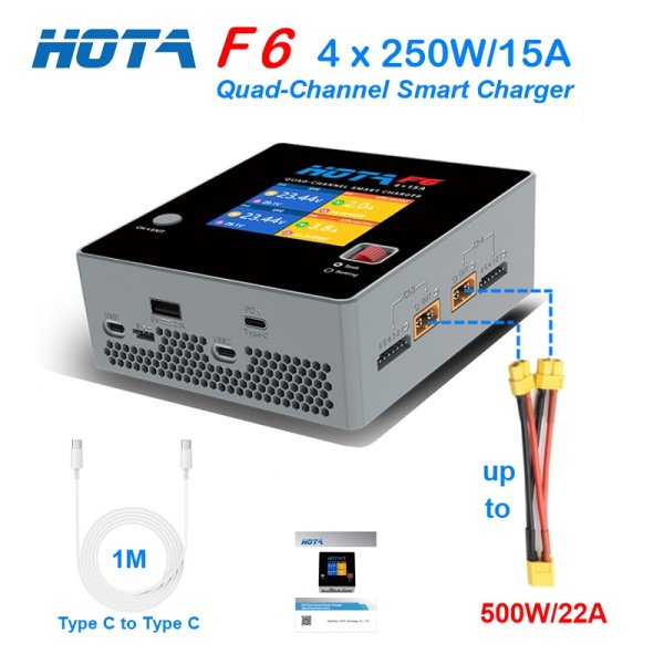 画像1: HOTA F6 スマート バランス充電器 4x250W/15A Type-C 2 in 1 XT60 PLUG Lipo LiIon NiMH バッテリー iPhone iMac Samsung 充電用 S22d2055269656 (1)