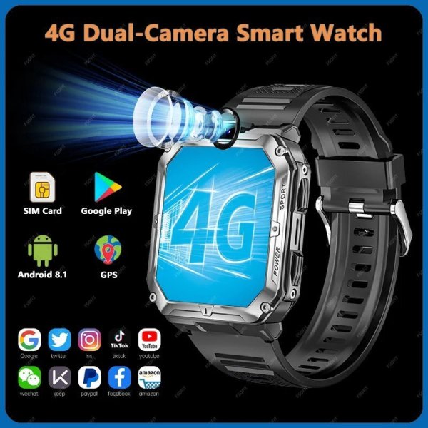 画像1: 1.96インチ デュアルカメラ スマートウォッチ 4G対応 SIMカード Bluetooth GPS Wi-Fi 通話 16GB ROM Google Play Android 8.1 S22d6781246581 (1)