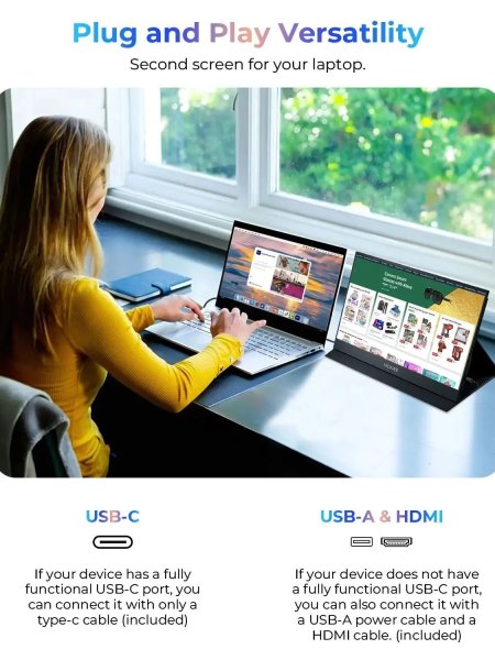 画像2: WF156-60B: 15.6インチ WUAWE ポータブルモニター ノートパソコン用 16:9 1080P 60HZ ゲーミング IPS ディスプレイ LCD FHD 外付け セカンドコンピュータスクリーン 携帯電話用 S25d8403964807 (2)