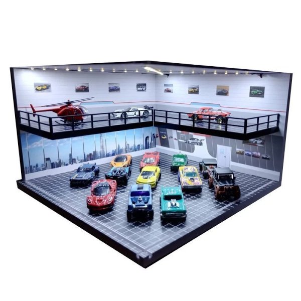 画像1: [M008 10 右] 1/18 1/24 1/32 1/64スケール 情景車ガレージ模型 ライト付き 組み立て式駐車場 ジオラマ 駐車場 ミニチュア車両用 S22d8861700322_1 (1)