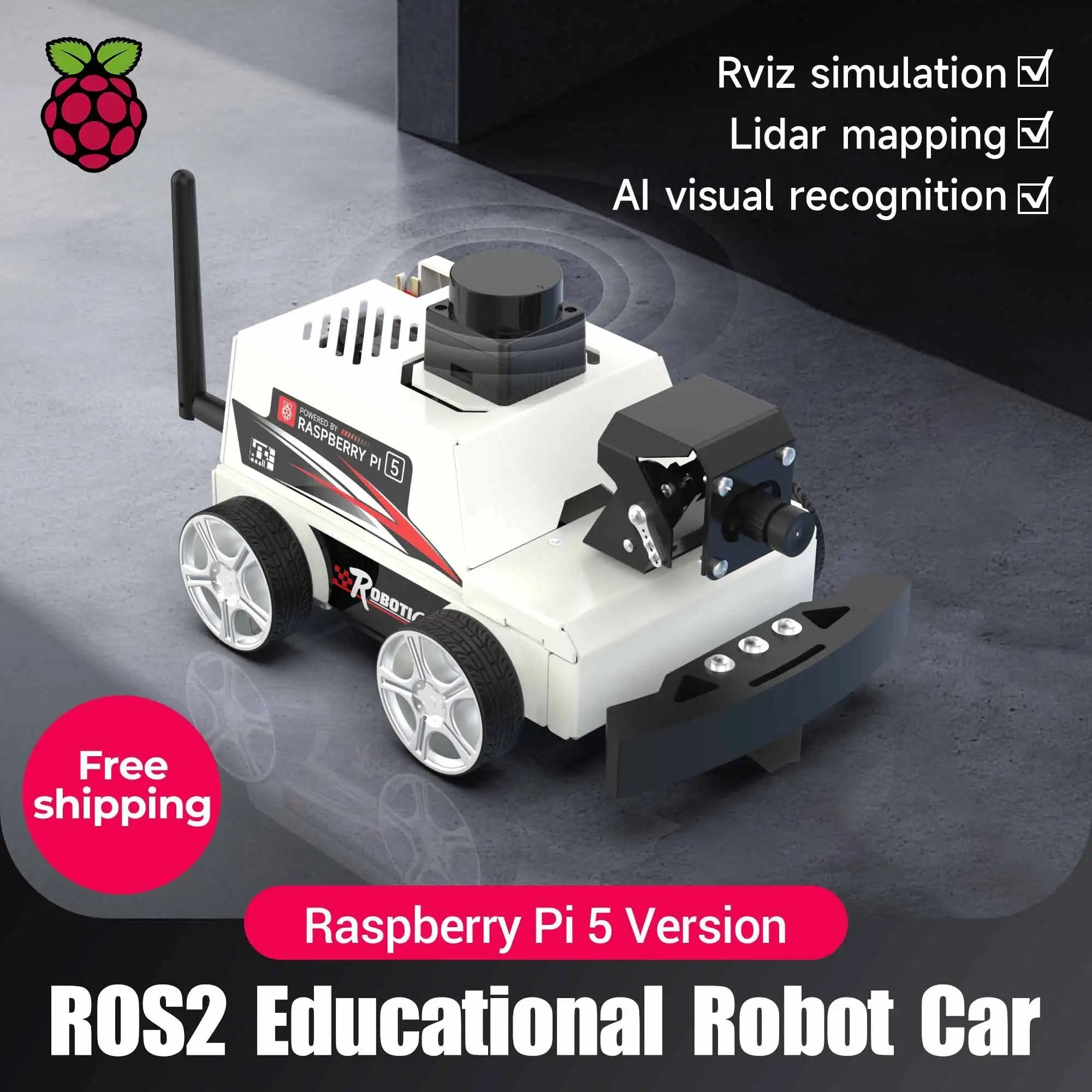 With-Pi5-8GB: Raspberry Pi 5 Car ROS2 教育用ロボットキット、MS200 TOF Lidarサポート、SLAMマッピングナビゲーション、AI視覚認識、Python3搭載 S22d6615668219