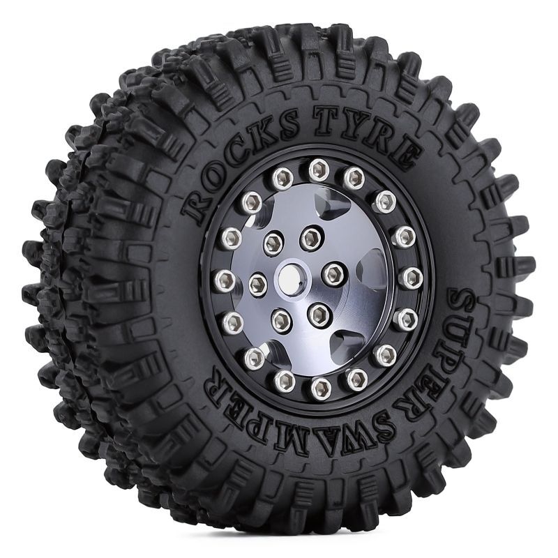 INJORA RC Tires 1.0 Beadlock Wheel Rims Micro Crawler Tires Set for 1/24 RC Crawler Car Axial SCX24 AXI90081 AXI00001 AXI00002 Deadbolt（Gold） 